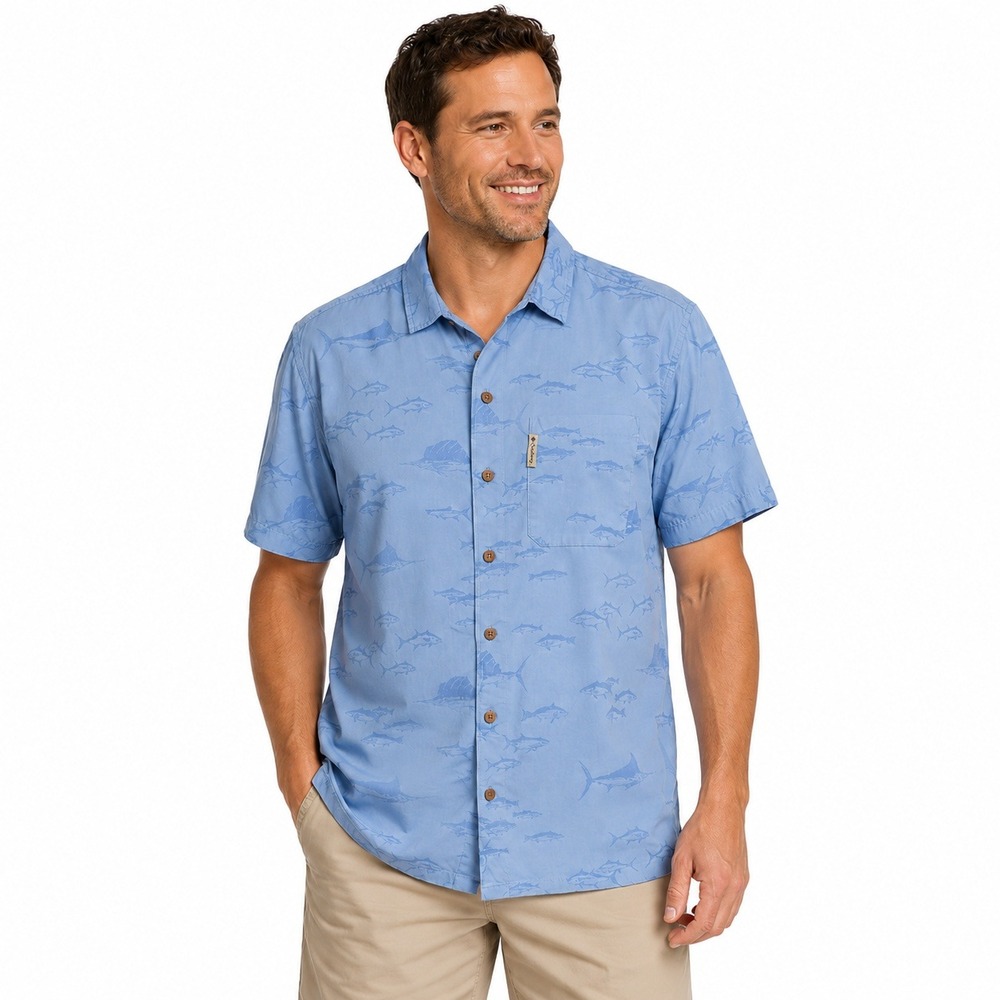 Columbia Men's Button-Up Shirt Sz Large Short Sleeve Resortwear Fish AOP Blue
